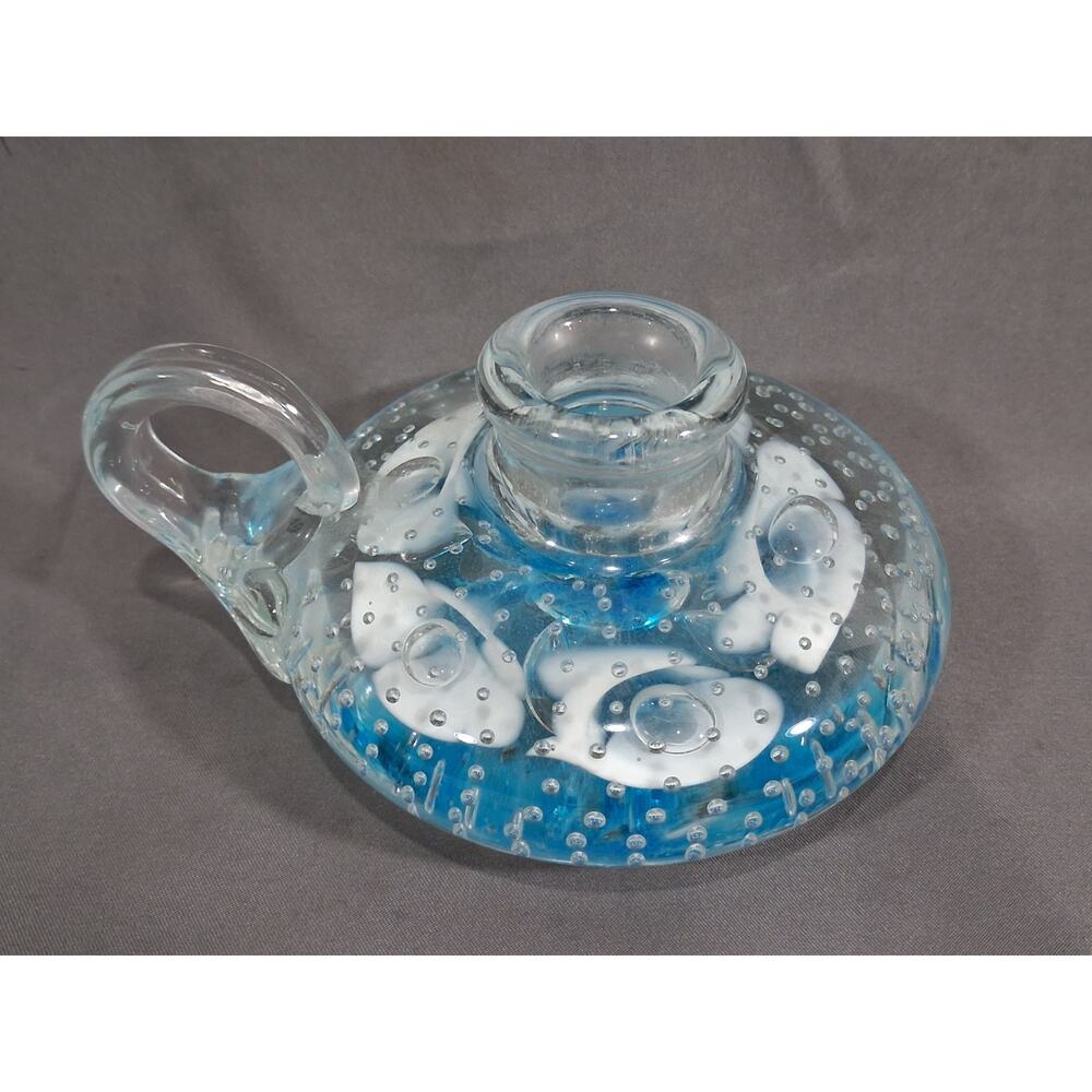 Joe St. Clair art glass candle holder aqua blue flowers paperweight vintage